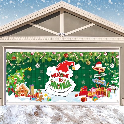 Christmas Garage Door Banner Decoration Large Garage Door Cover Christmas Backdrop Decal Xmas Holiday Outdoor Wall Photo Props Background Hanging Backdrop Decor 6 x 13 ft