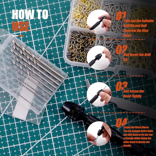 Tanstic 492Pcs Hand Drill Set, Pin Vise Hand Drill with Micro Mini Twist Drill Bits, Bent Tweezer and 480Pcs Screw Eye Pins for Resin DIY Jewelry Making Miniature Crafts