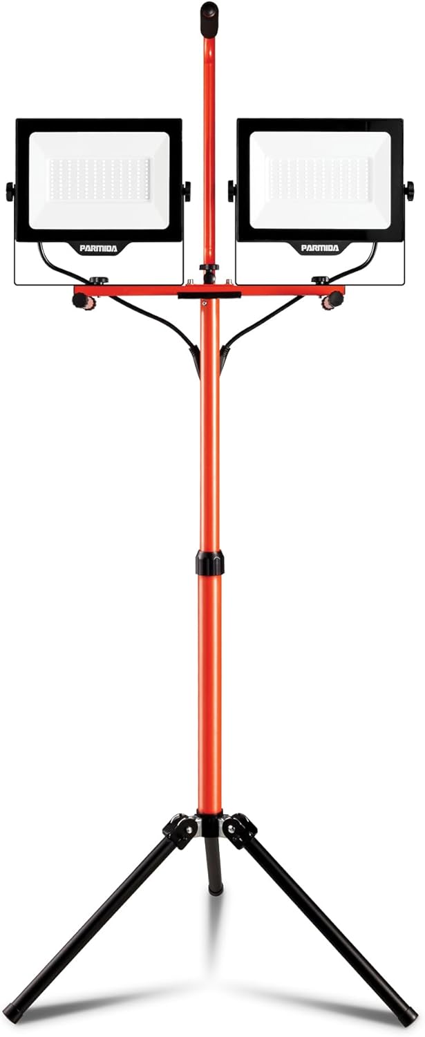 PARMIDA LED Dual-Head Work Light, 6ft Adjustable Tripod Stand, 20,000 Lumen, 200W, UL Approved Power Cord, Durable Aluminum Body, IP65 Waterproof, Foldable Stand, Multi-Directional & Detachable Heads