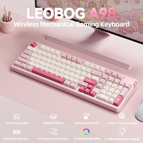 Image of LEOBOG A98 Wireless Mechanical Keyboard, Tri-Mode BT5.0 /2.4GHz /USB-C, Creamy Keyboard with Number Pad, Gasket Structure Hot Swappable, PBT Keycaps, RGB Backlit Pink Gaming Keyboard with Knob for PC
