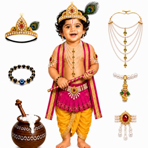 Image of Raj Costume Shri Krishna Dress for Kids, Bal Krishna Costume for Baby Boy and Girl, Janmashtami Fancy Dress Costume, Krishna Dress for Kids