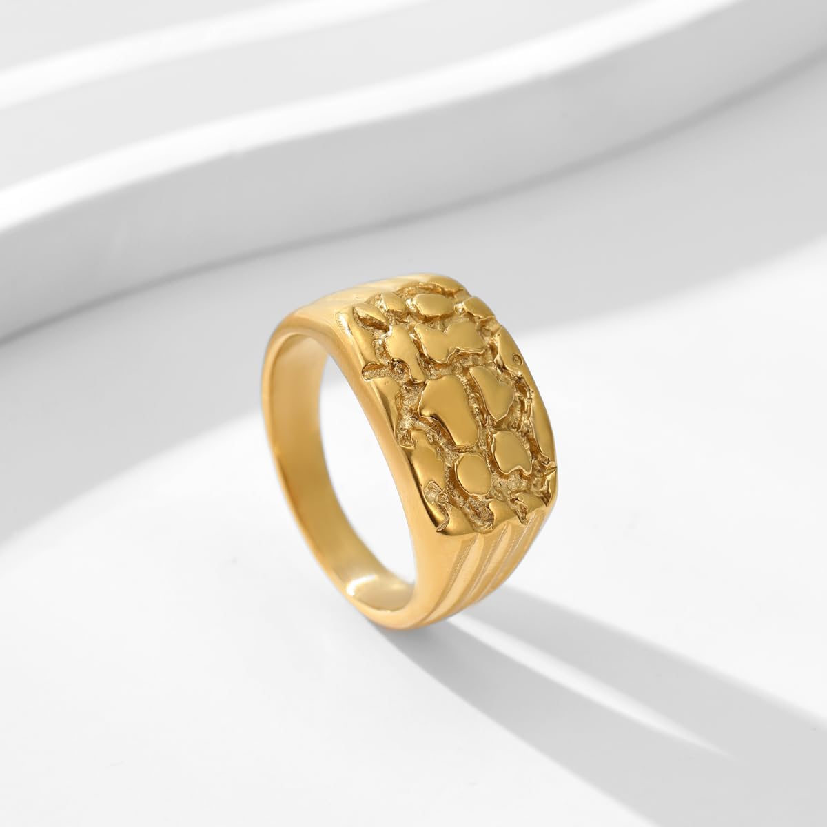 Gold Plated Nugget Ring for Men & Women – Stainless Steel Chunky Hip Hop Rings - Hypoallergenic Unisex Jewelry – US Size 5-13 – Gift Box Included - Image 2