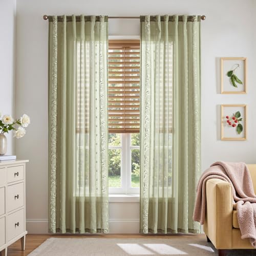 Image of jinchan Winslow Sage Sheer Curtains 84 Inch for Bedroom Living Room Embroidered Bordered Floral Nursery Curtains for Playroom Dorm Light Filtering, Ivory on Sage, 2 Panels, 50W x 84L