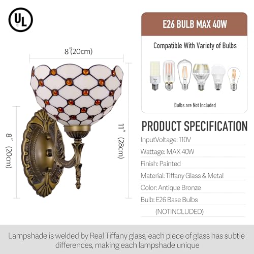 Image of Tiffany Style Wall Sconce Amber White Pearls Stained Glass Bedside Lamp with Classic 8 Inches Lampshade for Bedroom Hallway Living Room Home Office