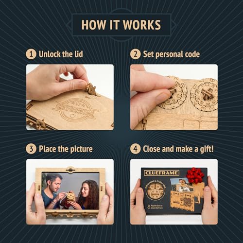 Image of iDventure Clueframe Picture Frame Puzzle Box, Wooden Puzzle Box for Adults | 3D Puzzle Box for Gift Cards, Birthday Gift, Wooden Brain Teaser, Gifts for Men, Puzzle Lovers, Photo Reveal