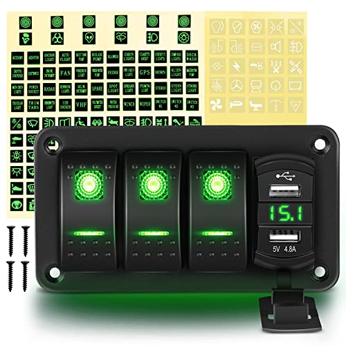 GOOACC 3-Gang Rocker Switch Panel With USB Charger & Voltmeter | 12V/24V Waterproof For Car, Truck, Boat