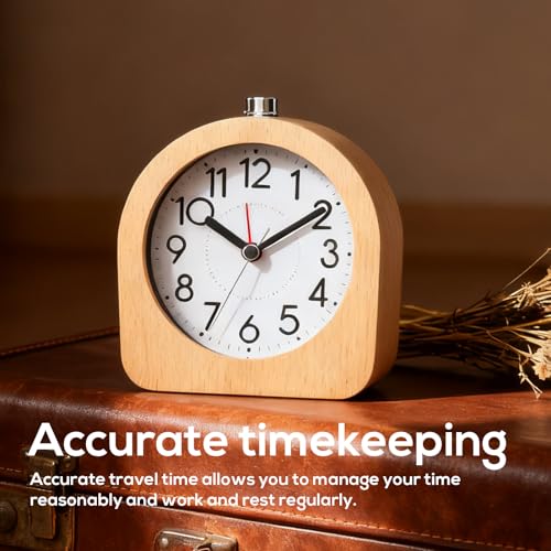 Despertador analógico de madera sin tictac, despertador digital, mesita de noche, reloj de mesa con luz nocturna, analógico, de madera, funciona con pilas, para dormitorio, hogar, oficina, viajes - imagen 6