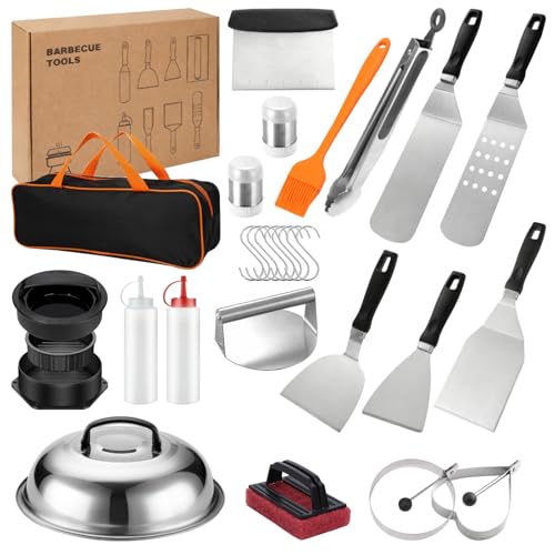 Jomdjmskes 27 Pcs Grill Zubehör, Grillspachtel Plancha Zubehör, Grillbestec Set, Burgerpresse mit Griff, Teppanyaki BBQ Grillbesteck Edelstahl, Burger Geschenkset mit...