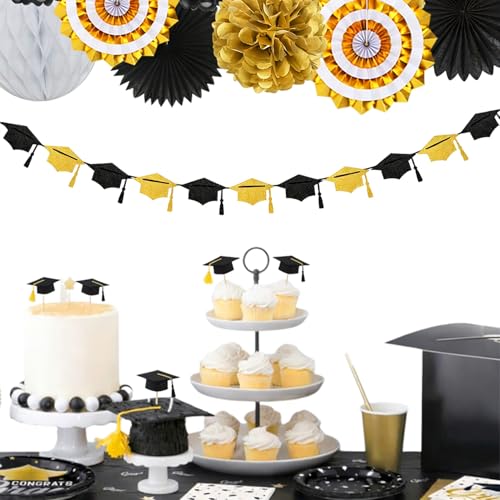 Image of Black Gold Party-Decoration Graduation Banner - 14pcs Kits Cap Garland Streamers, Paper Tissue Pom Poms Flowers Fans Honeycomb,Class Of 2026 College High School Grad Decor Hugfond