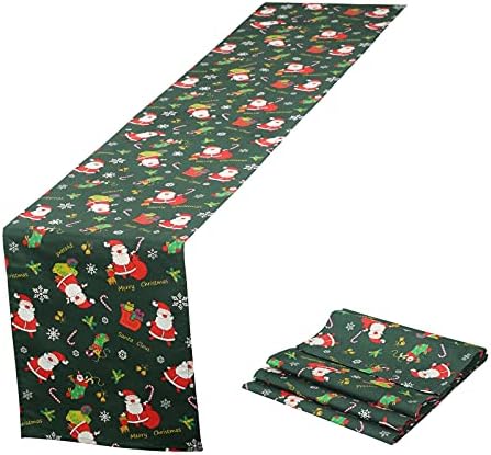 HAMOOM Christmas Table Runner Green Table Runner Christmas Table Decoration Table Cloth Red Santa Claus Snowflake Printed for Xmas Party Wedding Decor with Deer Candy Bell Gift Sisal Tree Pattern