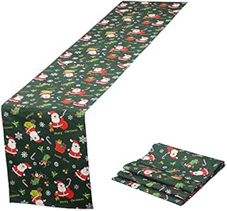 HAMOOM Christmas Table Runner Green Table Runner Christmas Table Decoration Table Cloth Red Santa Claus Snowflake Printed for Xmas Party Wedding Decor with Deer Candy Bell Gift Sisal Tree Pattern