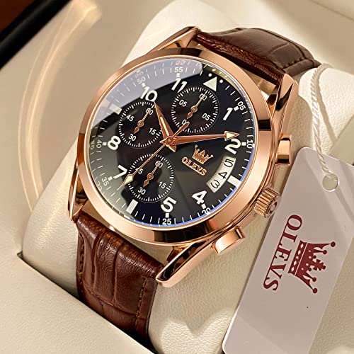Image of OLEVS Mens Leather Watch Dress Casual Quartz Brown Wrist Watch Date