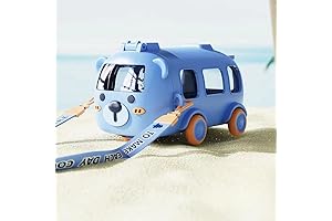 Adorable Bus Straw Water Bottle with Wheels and Strap, 17oz Portable Bear...