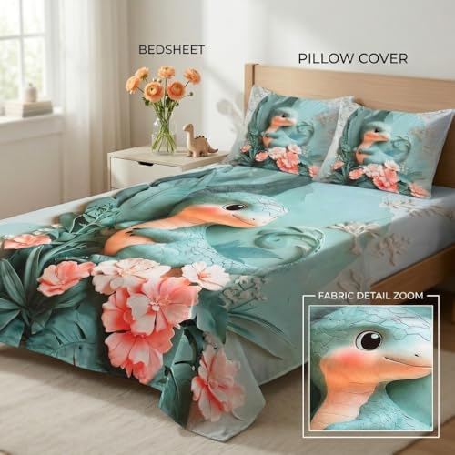 Image of Dinosaur 7D Printed Bedsheet for Double Bed | Glace Cotton 7D Digital Print | 90x100 Inch (228x254 cm) | 1 Bedsheet + 2 Pillow Covers | Soft, Breathable & Vibrant Colour Bedding Set