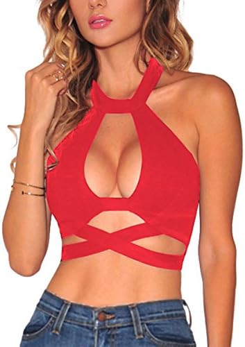 Surfywin Women's Sexy Black Crisscross Cut Out Halter Crop Top