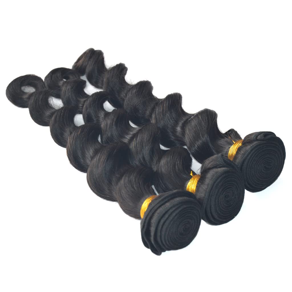 Virgin Peruvian Loose WaveVirgin Hair Human Hair Weave Extensions Wavy 3 Pieces 100g Curly Bundle 1B Black, 10.6 oz/pack (26 26 26 Inches)