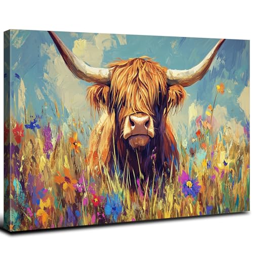 Large Cow Pictures Wall Decor Farmhouse Highland Cow Bathroom Bedroom Art Rustic Vintage Abstract Wildflower Cattle Canvas Poster Living Room Animal Painting Modern Artwork Kitchen Home Decor 32x48in