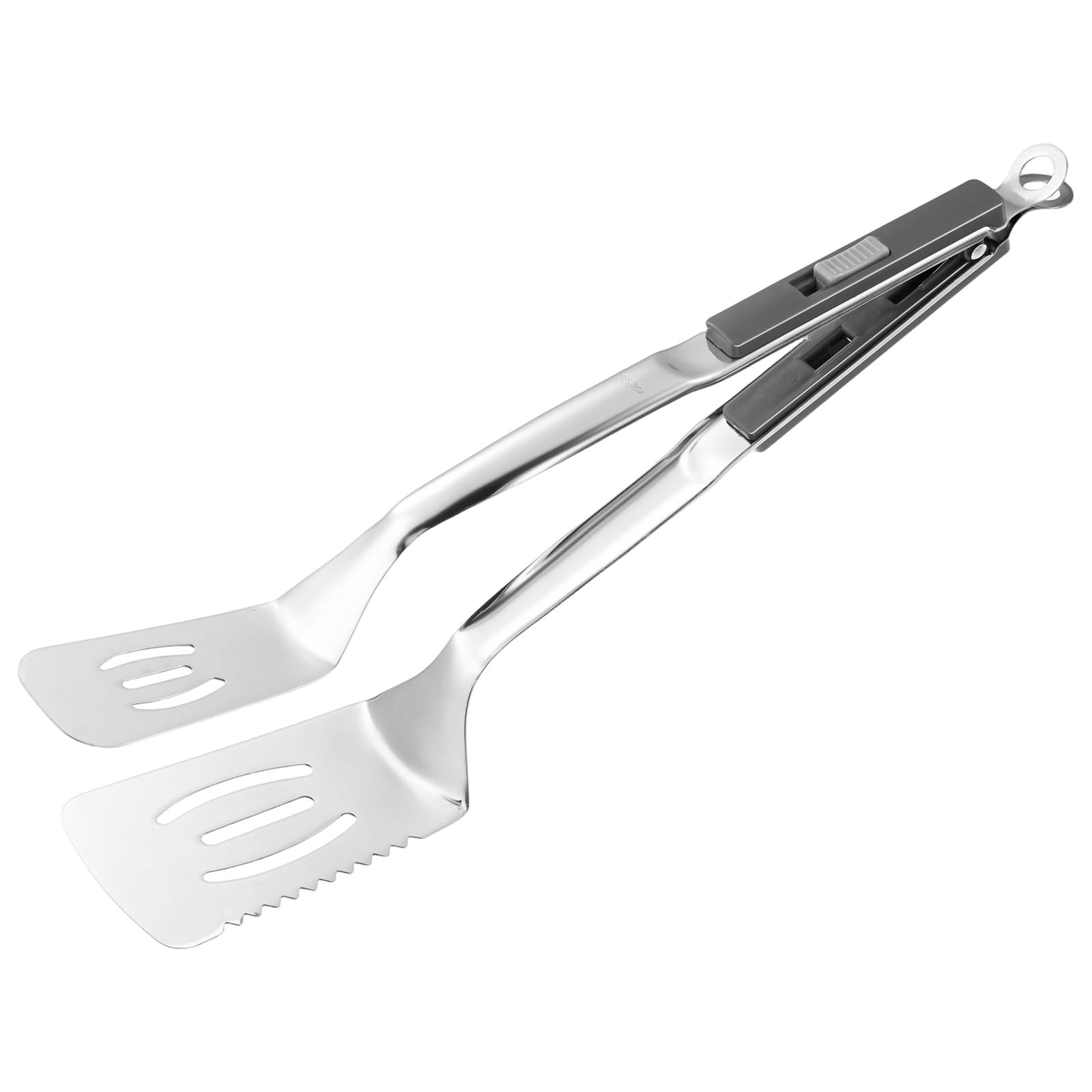M METERXITY Spatula Tongs, 13.4 Inch 304 Stainless Steel Anti-Scald Extended Serrated Multifunctional Flipper Grill Clamp for Cooking/Barbecue, Kitchen Cooking Tong [Gray Handle, Silver Tone]