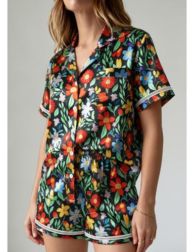Image of Ekouaer Womens Silk Pajama Sets Button Up Satin Pjs Short Sleeve 2 Piece Pj Sets Cute Lounge Sets with Chest Pocket