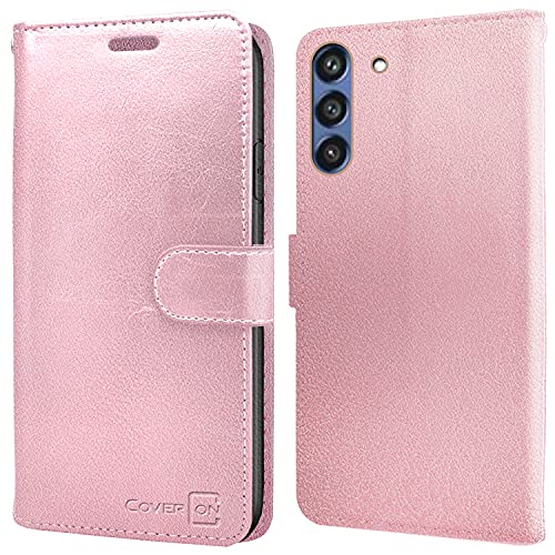 CoverON Leather Pouch Designed for Samsung Galaxy S21 FE Wallet Case, RFID Blocking Flip Folio Stand Phone Cover - Rose Gold