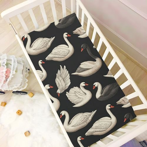 Image of Vintage Swan Crib Sheets Soft Breathable Fitted Baby Crib Sheets Mattress Cover for Girls Boys, 52 inch x 28 inch x 9 inch