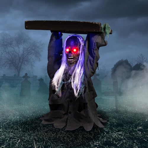 Image of Haunted Hill Farm Tombstone Lifter by Tekky, Battery-Operated, Sound Activated Animatronic Zombie with Sound Effects and Lights for Indoor or Covered Outdoor Creepy Halloween Decoration