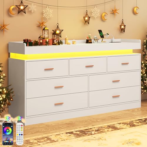 Image of jiteentarou 7 Drawer Dresser with Charging Station and LED Lights, Modern Chest of Drawers with Power Outlet, Organizer Cabinet for Bedroom, Living Room, Entryway, White
