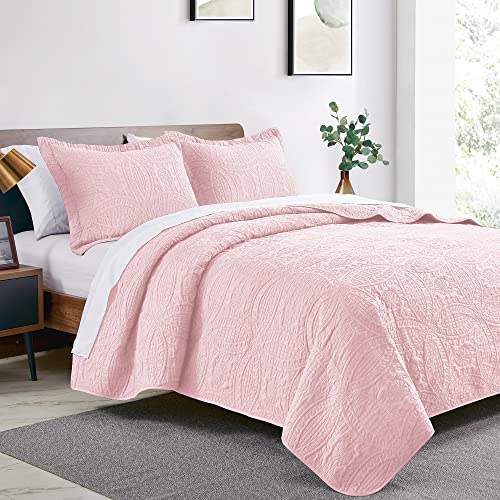 Love's Cabin King Size Quilt Set Pink Bedspreads - Soft Bed Summer Quilt Lightweight Microfiber Bedspread- Modern Style Coin Pattern Coverlet For All Season - 3 Piece (1 Quilt, 2 Pillow Shams) #TOP1