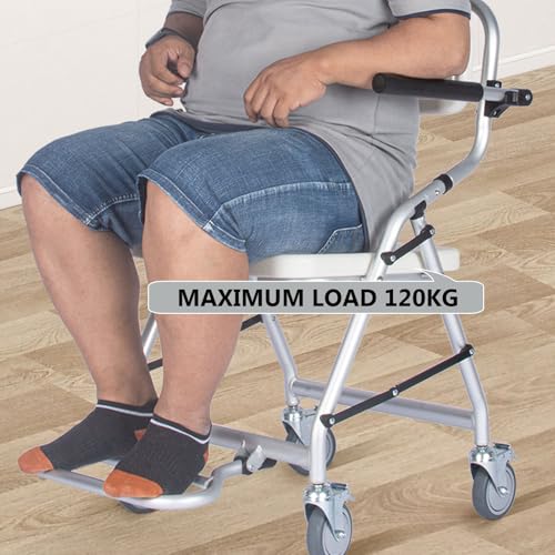 Silla de Ducha con Ruedas 3 en 1, Ligera y Plegable, de Aluminio, Ideal para Personas Mayores, discapacitadas y Embarazadas. Fácil Montaje sin Herramientas. Soporta 120 kg.