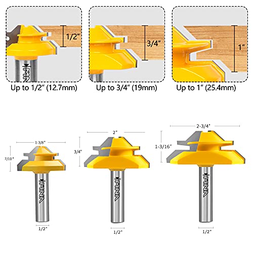 MNA 45 Degree Lock Miter Router Bit 3-Piece Set, for 1/2”, 3/4”, 1” Cutting Height, 1/2 Inch Shank. Easy to Create Lock Miter Joint