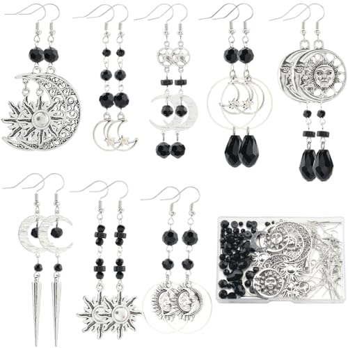 SUNNYCLUE 1 Box 10 works Halloween Earring Making Kits Sun Moon Star Charms Crescent Charm Gothic Style Charms Teardrop Round Glass Beads for jewellery Making Kits DIY Dangle Earrings Gift Supplies