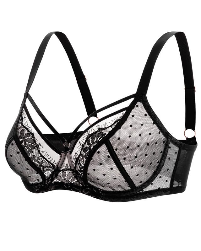 Image of Women's Sheer Lace Bra Unlined Underwire Push Up 34B-40DD | Eyelash trim, floral embroidery, polka-dot mesh, double-layer cups, natural shaping, adjustable straps, breathable feel
