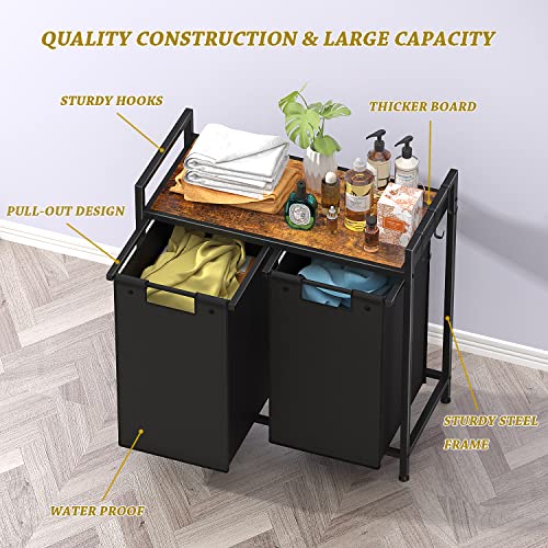 Helsin Double Laundry Hamper, Large Portable Laundry Basket, Laundry Sorter With Top Shelf And 2 Bag With Handle For Folding Clothes, Save Space, Black #TOP3