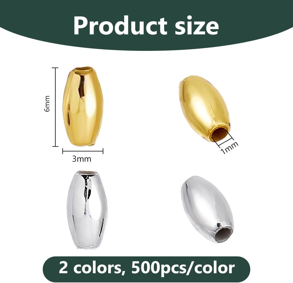 DICOSMETIC 1000Pcs 2 Colors Oval Bead Bulk Plastic Rice Beads Barrel Spacer Loose Beads 6x3mm Silver Golden Plated Bead for Bracelets Necklace Jewelry Making DIY Findings, Hole: 1mm - Image 2
