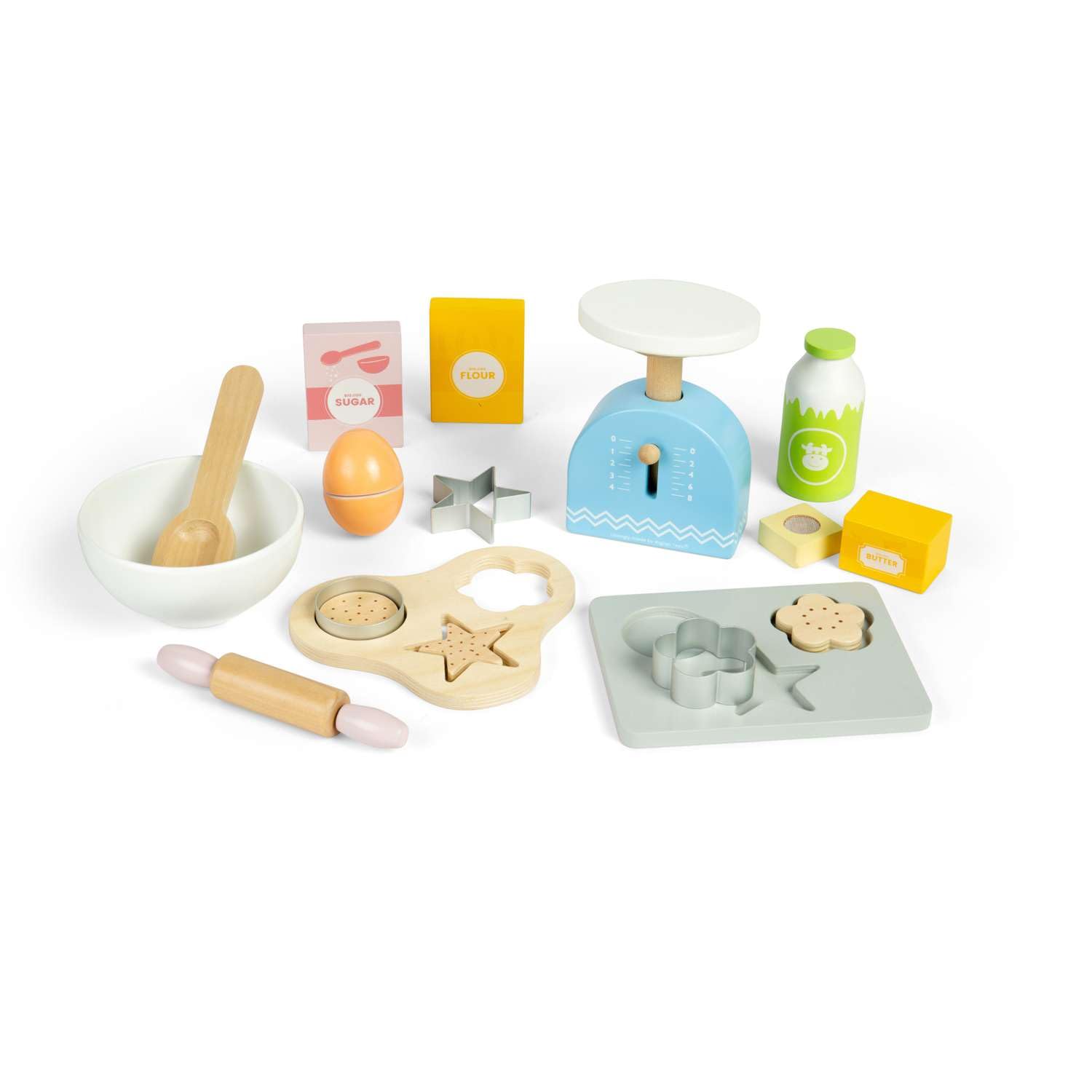 Bigjigs Toys Zestaw ciasteczek do pieczenia – 15 szt. drewniany zestaw do zabawy, akcesoria kuchenne, odgrywanie ról dla dzieci, zrównoważone prezenty i zestawy do zabawy, wiek 18 miesięcy +