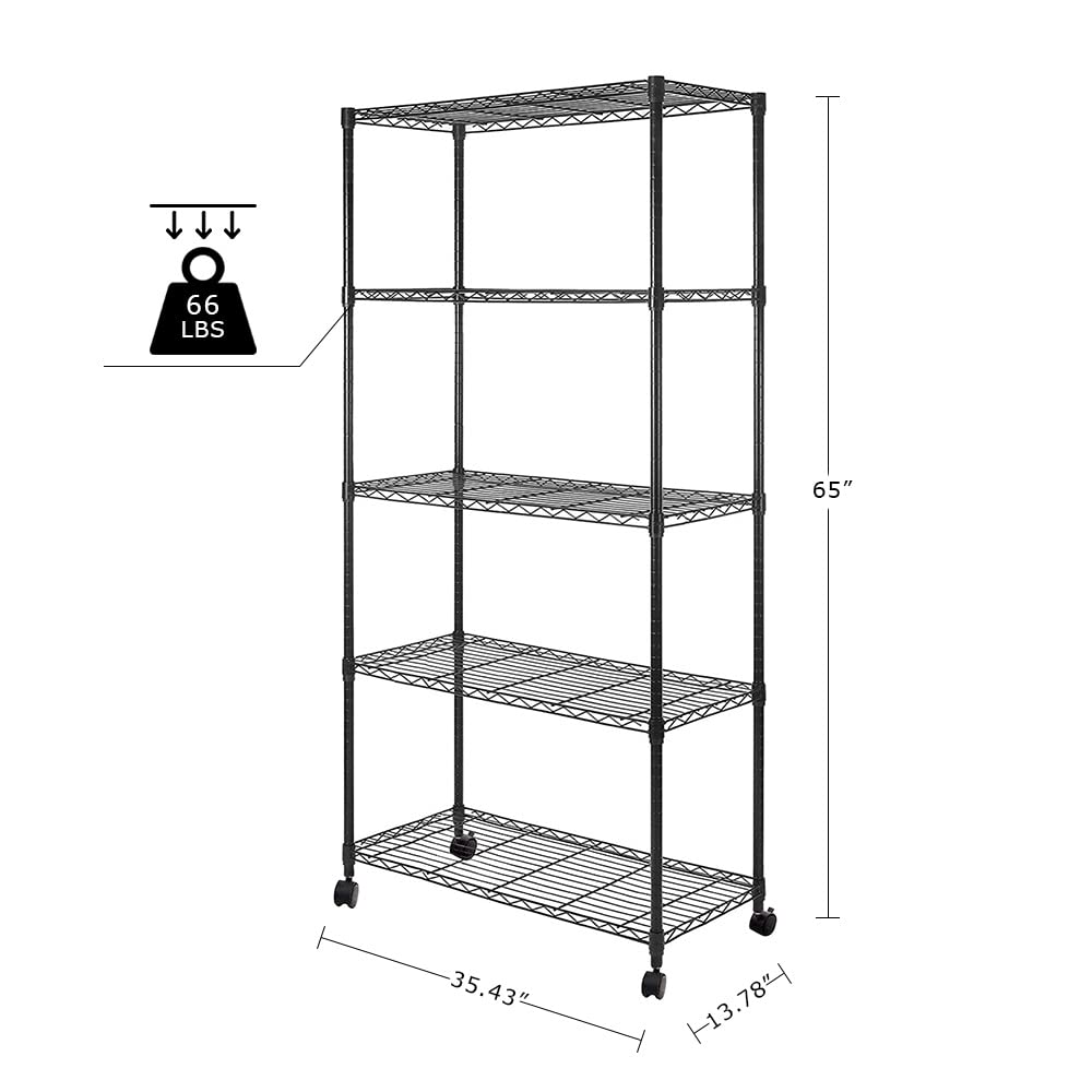 5 Tier Wire Shelving Unit, Adjustable Metal Storage Rack, Mobile Wire Shelves For