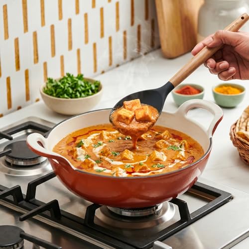 Image of CUMIN CO. Cast Iron Kadai with Lid | 3L, 26 cm | Induction Base Cookware |10 Years Warranty | Non Toxic Heavy Bottom Kadhai for Frying | Chemical Free Coating | Free Accessories | Color: Rust