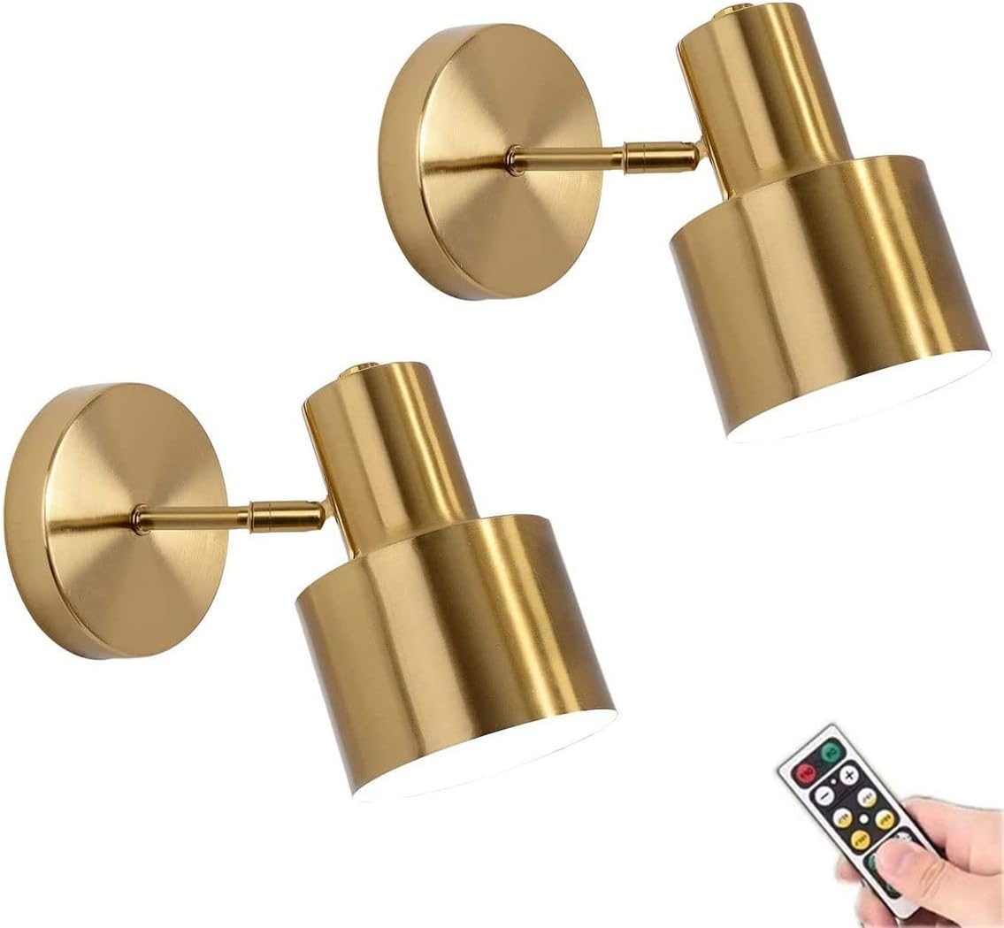 KEFA Modern Battery Operated Wall Sconces Set of 2, Not Hardwired Brass-Gold Wall Lights Fixture with Dimmable LED & Remote, Wireless Small Wall Lamp for Bathroom Basin, Dresser, Bedroom, Living