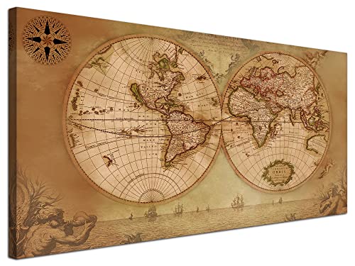 Acocifi World Map Wall Art Canvas Old Nautical Map Picture Beige Retro Painting Globe Spherical Vintage Map Artwork For Bedroom Living Room Study Room Teens Room Home Office Large Decor 40"X20" #TOP7