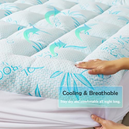Image of WhatsBedding 5 Inch Full Mattress Topper Breathable Bamboo Viscose Air Layer,Memory Foam Mattress Topper Full Size Blue.