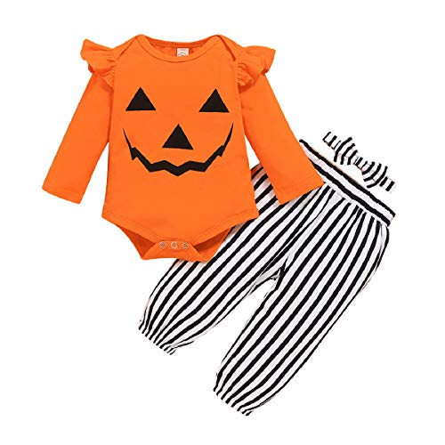 Halloween Baby Girl Clothes, Thanksgiving Toddler Girl Outfit Ruffle Top+Pumpkin Print Skirt Sets+Headband Yellow