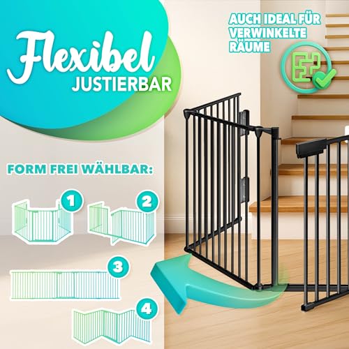 KIDUKU® Kaminschutzgitter mit Tür Metall 240 cm | Absperrgitter Ofenschutzgitter faltbar | Konfigurationsgitter inkl. 4 Elementen (Schwarz)