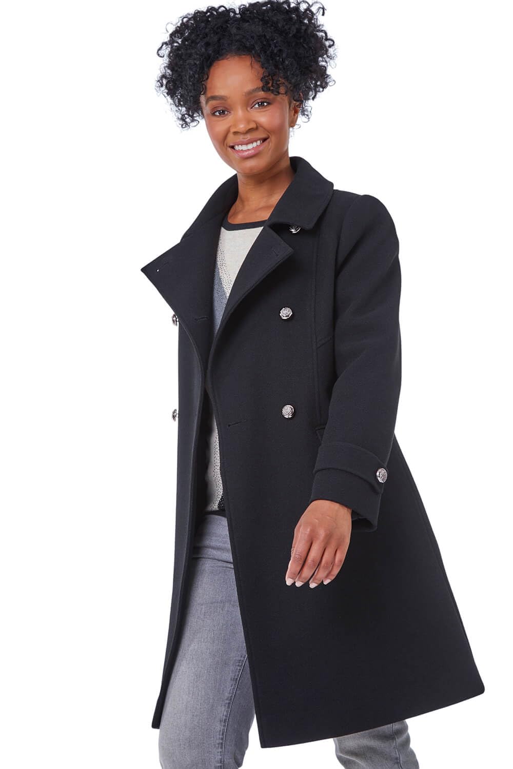 Roman Originals Women's Black Petite Double Breasted Military Coat For Uk - Everyday Holiday Autumn Winter Long Sleeves Comfy Soft Evening Vacation Work Smart Party - Size 10 Petite