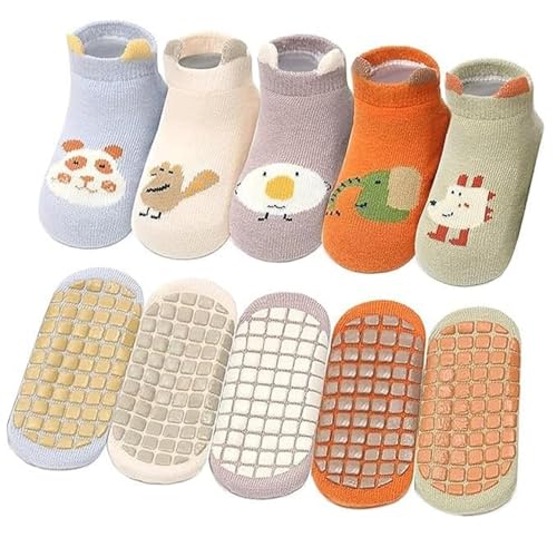 Image of Baby Anti Slip Socks Set with Cartoon Design, Low Cut Ankle Socks for Toddlers, 5 Pairs Pack