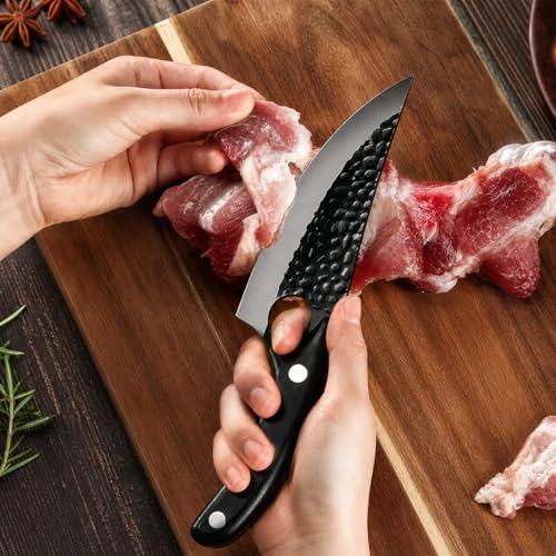 Image of Machado Forged Kitchen Utility Knife with Textured Grip Damascus Blade | Ergonomic Handle & Protective Sheath - Precision Cutting for Meat, Vegetables & Everyday Cooking - Black