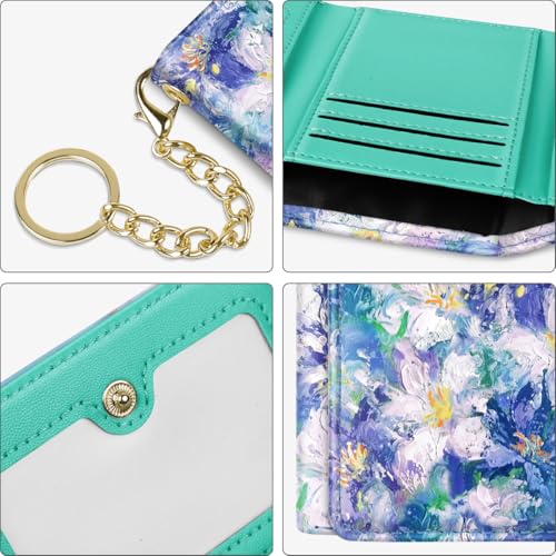 Image of Trifold Womens Wallet Small Slim RFID Blocking Card Wallet Cute Credit Card Holder Leather Mini Purse with Cash Pocket 7 Card Slots ID Window, Blue Flowers