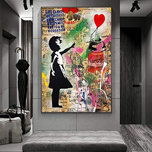 Toile graffiti petite fille au ballon pour decoration murale salon moderne