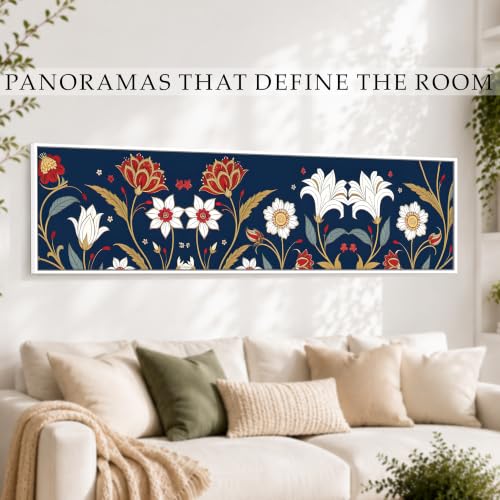 Image of Blue Luxury Floral Botanical Canvas Framed Wall Art Painting For Living Room, Blue Ornamental Flowers Painting With Frame, Elegant Panoramic Botanical Wall Art For Home & Office Decor, 13x47 Inch