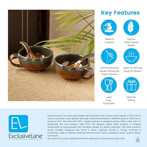 Image of ExclusiveLane Handled Soup Bowl with Spoon Ceramic (Set of 2, 300 ml, Microwave Safe, Hand-Glazed, Amber with Teal Tints) |Ceramic Soup Bowl with Handle Soup Bowls with Spoons Soup Bowl Set