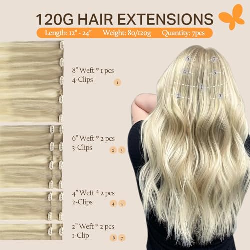 Image of DOORES Human Hair Clip in Extensions, Balayage Ash Blonde to Golden Blonde and Platinum Blonde 24 Inch 120g 7pcs, Clip in Extensions Human Hair Natural Extensions For Women Clip in Straight Thick Hair